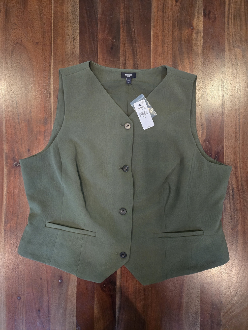 NWT Express Editor 5-Button Blazer Vest Studio Stretch Twill Olive Green